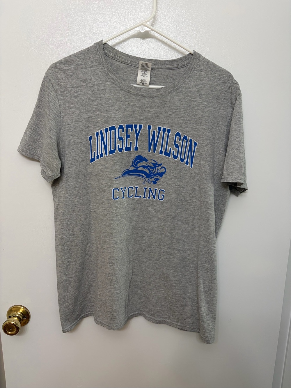 Gildan Heather Gray Lindsey Wilson Cycling Tee with Blue Logo